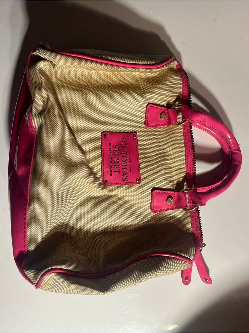 Victoria's Secret Cream Canvas Tote with Hot Pink Trim